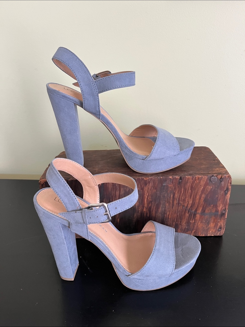 LC Lauren Conrad Dusty Blue Suede Platform Block Heel Sandals